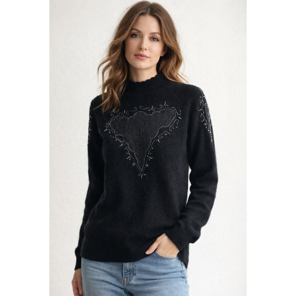 Vintage Silvercord Lambswool Angora Blend Beaded Embroidered Sweater L
